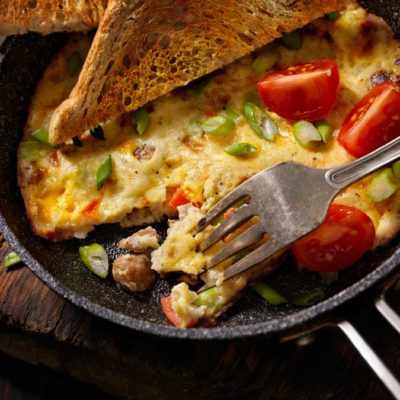 Sausage and Kale Frittata in cast iron pan