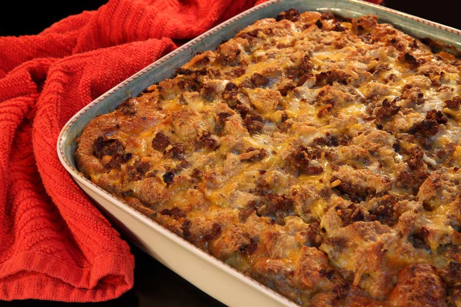 Southwestern egg souffle in baking dish, hot from the oven