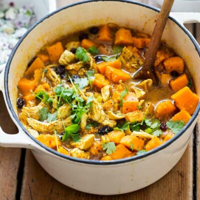 Chicken and Sweet potato Soup in a large stock pot dutch oven.