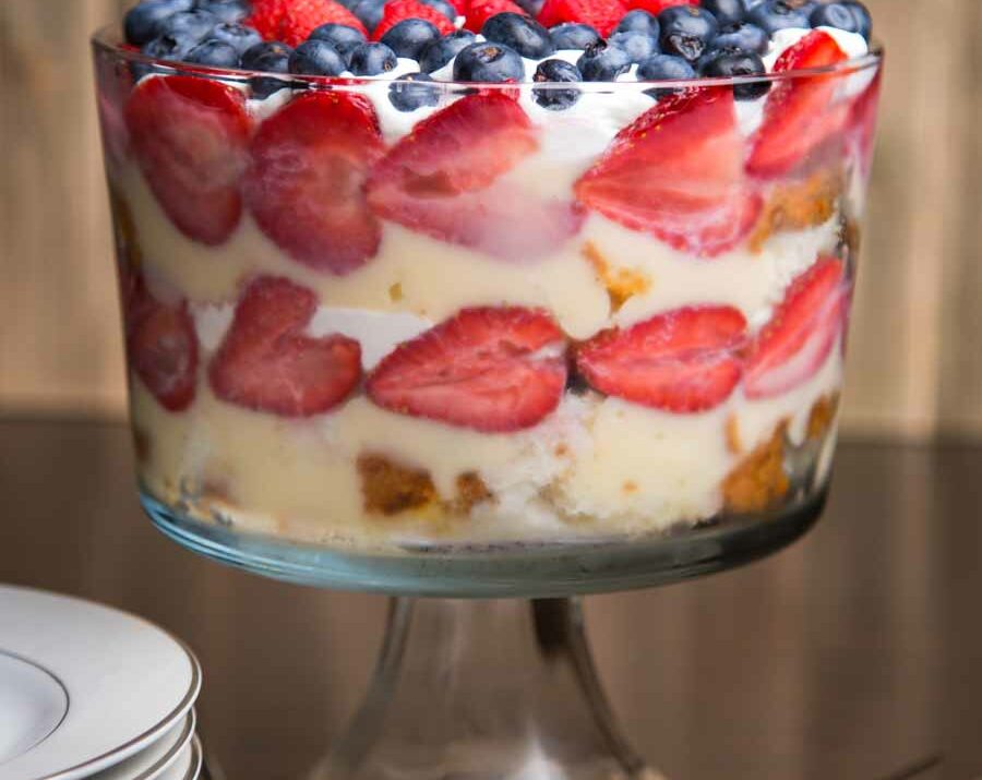 Berry Trifle in a clear trifle dish.