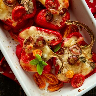 Red bell peppers stuffed vegetables and mozzarella cheese seasoned with herbs in a baking dish on a black wooden table