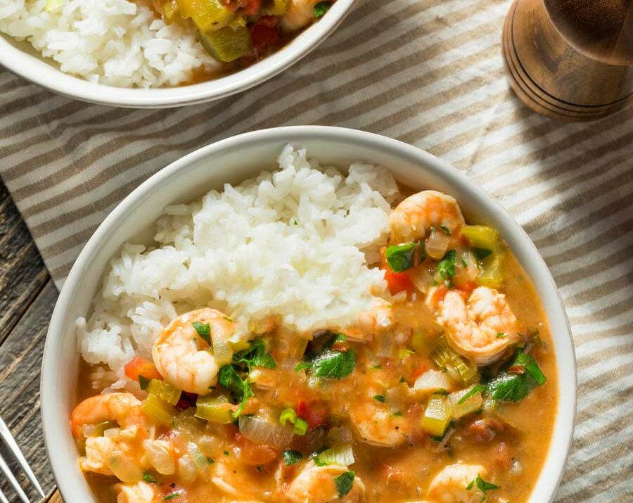 2 bowls of shrimp creole with rice