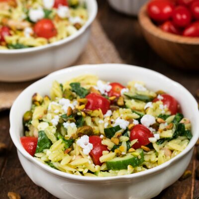 Summer Pasta Salad in a white bowl
