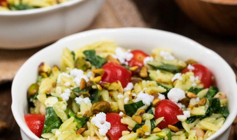 Summer Pasta Salad in a white bowl