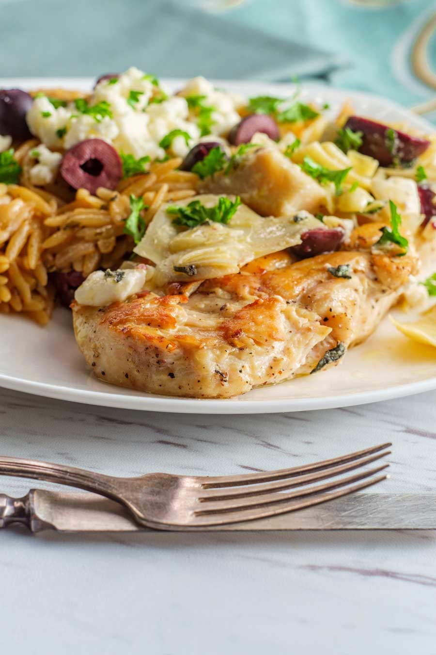 Grilled Greek Chicken with artichokes and olives