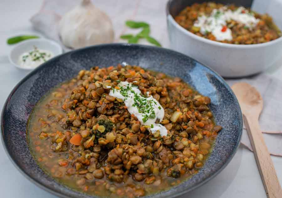 Bowl of lentils with yogurt